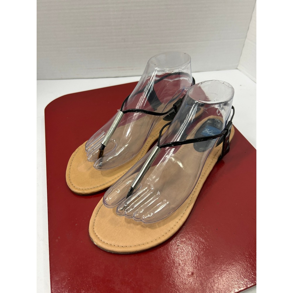 Blue Suede Shoes Metal Tube T-Strap Sandals 8 Black Patent Minimalist Boho Chic